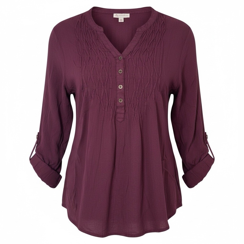 Db Established 1962 Women Burgundy V-Neck Roll Tab Sleeve Blouse Size Medium
